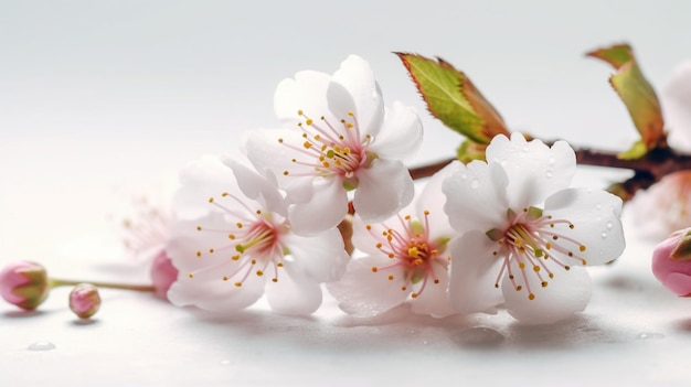 a close up of a branch of cherry blossom