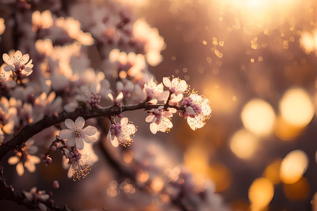 太陽が輝いている桜の枝の接写