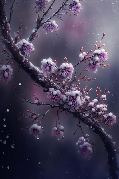 Close up of a branch of a tree covered in snow generative ai