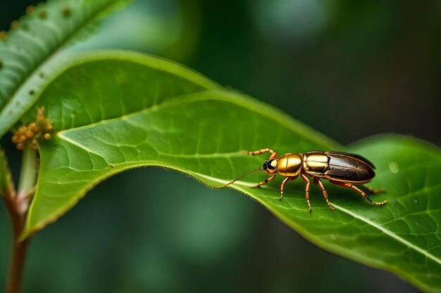 A close up of a branch of a tree and a golden bug on the top a leaf