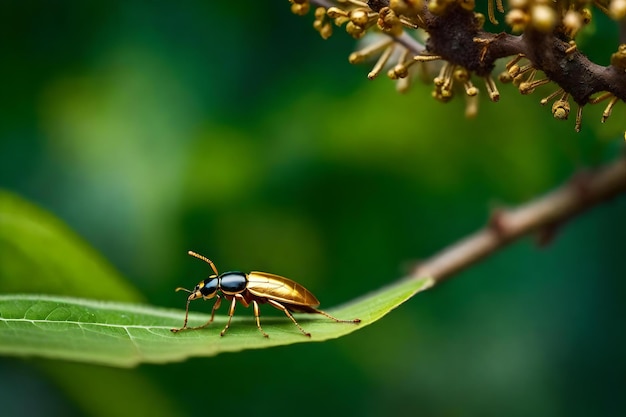 A close up of a branch of a tree and a golden bug on the top a leaf