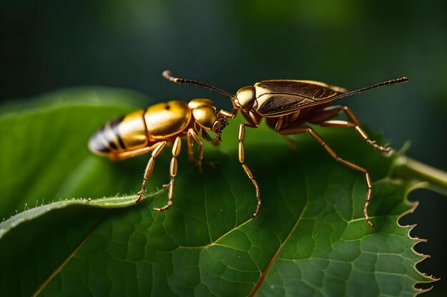 A close up of a branch of a tree and a golden bug on the top a leaf