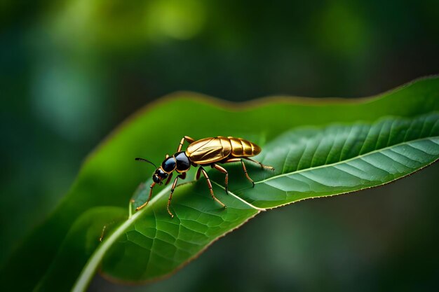 A close up of a branch of a tree and a golden bug on the top a leaf