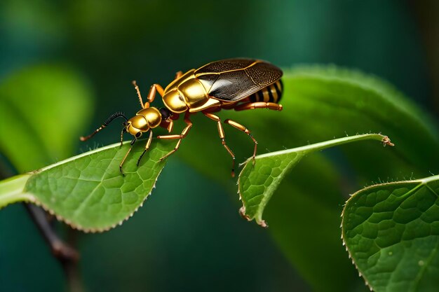 A close up of a branch of a tree and a golden bug on the top a leaf