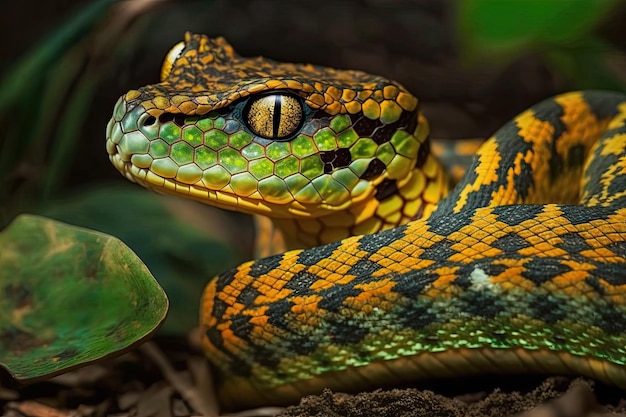 Close up of a branch viper snake with the tarpidolaemus wagleri snake