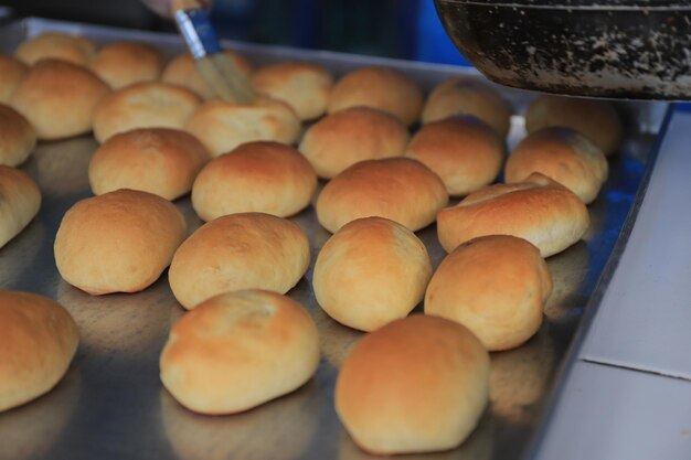 Close-up of bread on a baking sheet