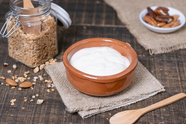 close up breakfast bowl with yogurt table High quality beautiful photo concept