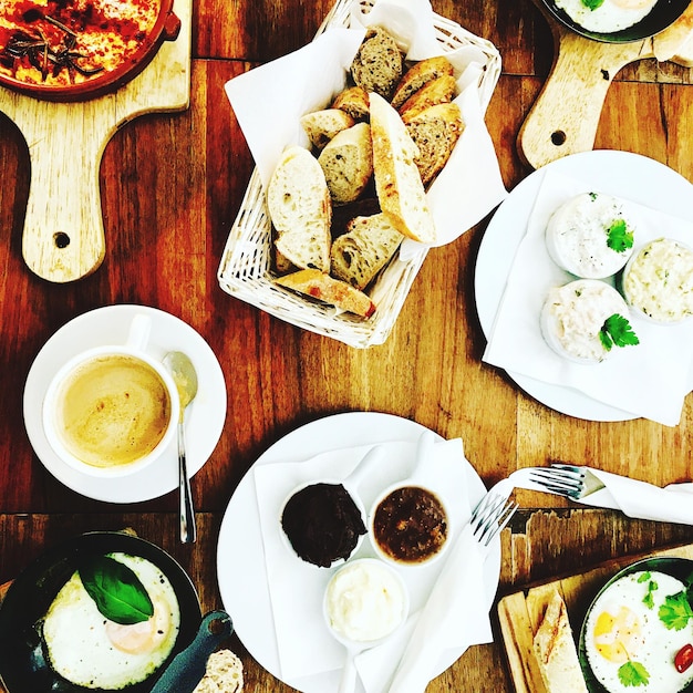 Close-up of breakfast served on table