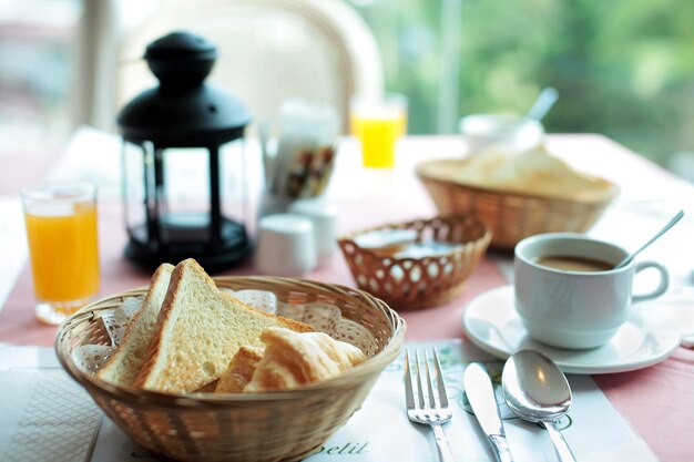 Close-up of breakfast served on table