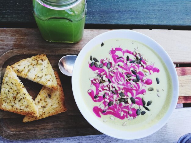 Close-up of breakfast served on table