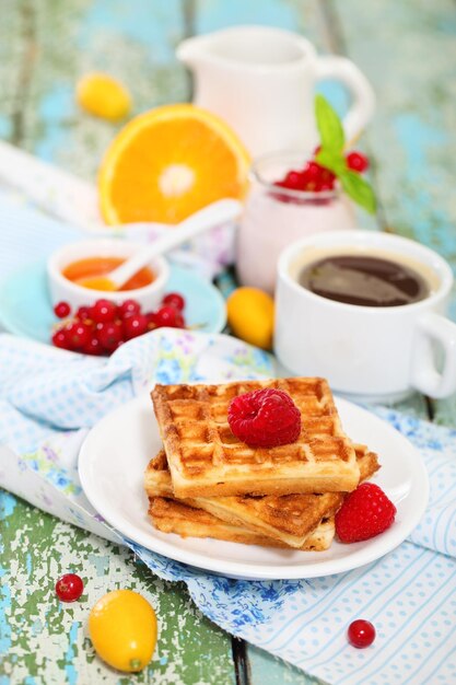 Close-up of breakfast served on table