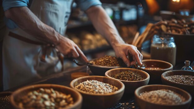 Close up of the brewmaster preparing ingredients for brewing process on the dark wooden table