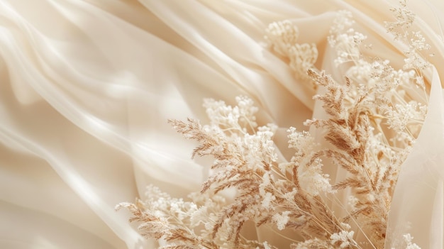 Close up of a bridal gown with feathers and flowers