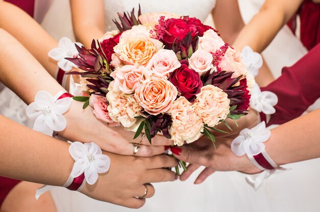Close up of bride and bridesmaids bouquet