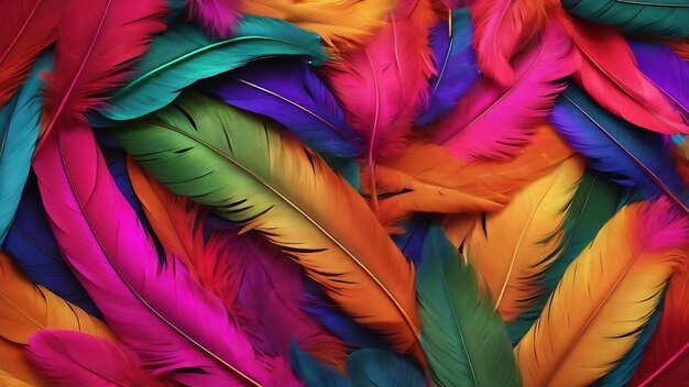 Photo close up to bright colorful feathers background colored feather background top view