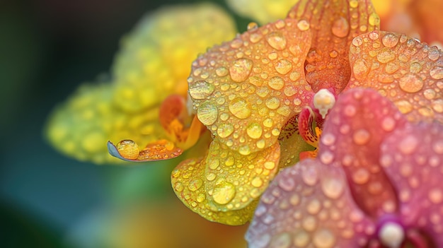 Close up of a bright colorful orchid with water droplets