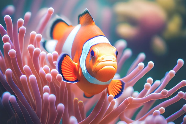 Close up of a brightly colored Clown fish swimming among the coral in aquarium tank