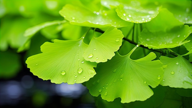 Close up brightly wet green leaves of Ginkgo Generate Ai