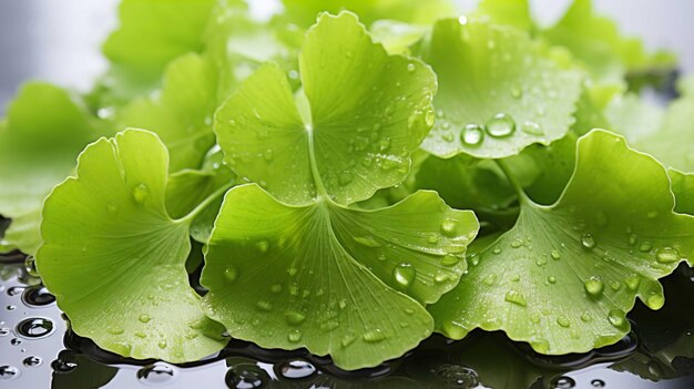 Close up brightly wet green leaves of ginkgo white background light studio generate ai