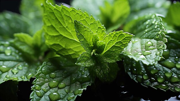 Close up brightly wet green leaves of mint white background light studio Generate AI