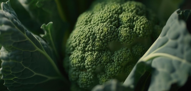 Photo a close up of a broccoli head with green leaves.