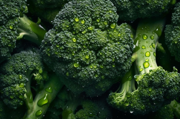 A close up of broccoli with water droplets on it