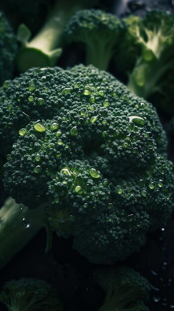 A close up of a broccoli with water droplets on it