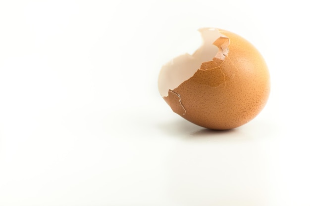 Close-up of broken egg shell over white background