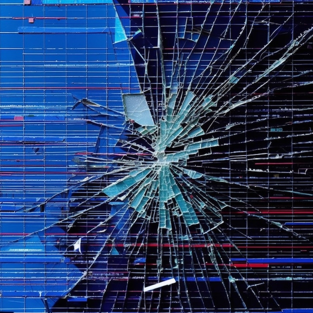 Photo a close up of a broken glass window with a blue background generative ai