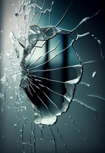 A close up of broken glass window with bullet hole generative ai