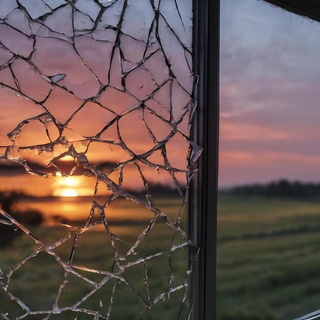 A close up of a broken glass window with a sunset in the background