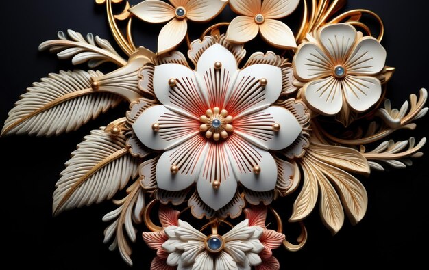 A close up of a brooch with flowers and leaves ai