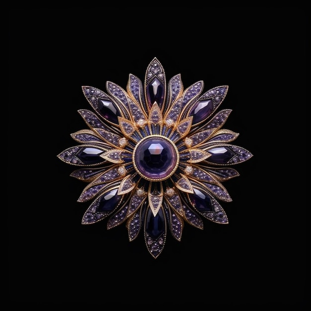 a close up of a brooch with a purple stone surrounded by purple stones generative ai