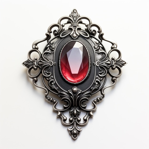 Photo a close up of a brooch with a red stone in it generative ai