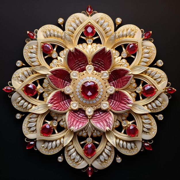 A close up of a brooch with red and white stones generative ai