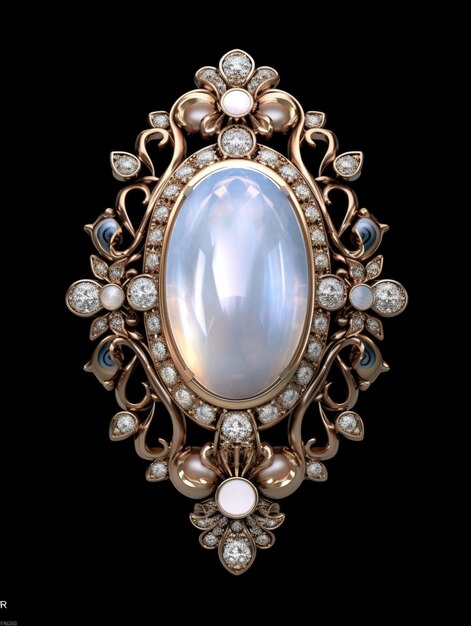 a close up of a broochle with a large oval cabochle surrounded by small diamonds generative ai