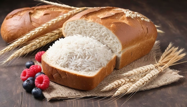 close-up brood brood en tarwe ears en bessen rijst op houten achtergrond
