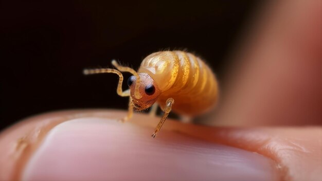 A close up of a brown bug on a pink finger