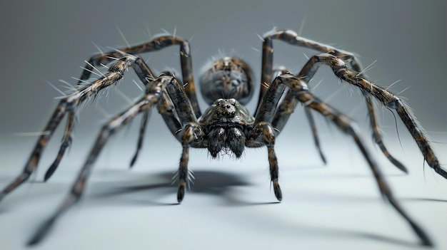 A close up of a brown hairy spider with long legs The spider is looking at the camera with its eight eyes Its legs are covered in sharp spikes