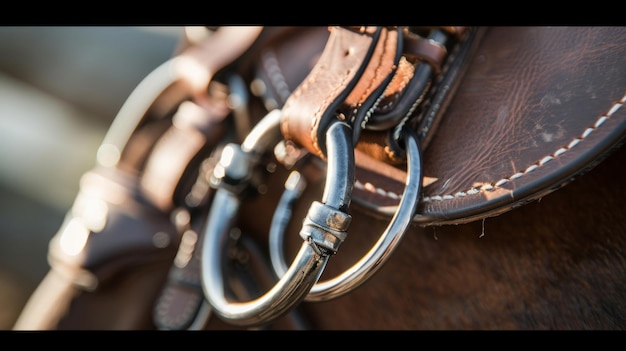 Photo close up of a brown horses bridle