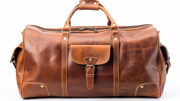 a close up of a brown leather duffel bag on a white background generative ai