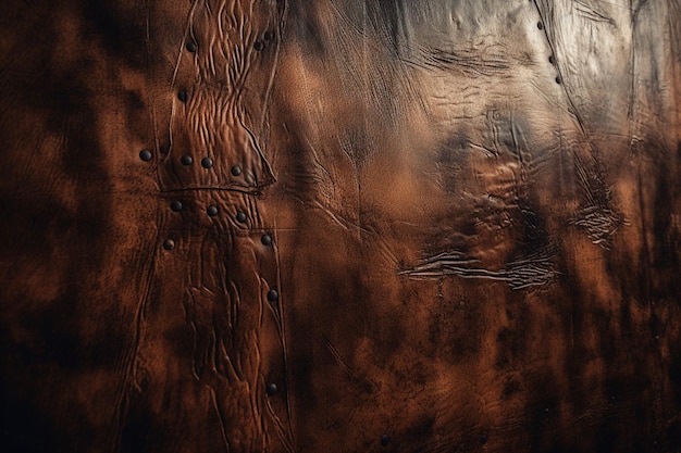 A close up of a brown leather surface with rivets and rivets.