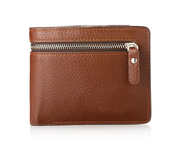 Close-up of brown leather wallet against white background