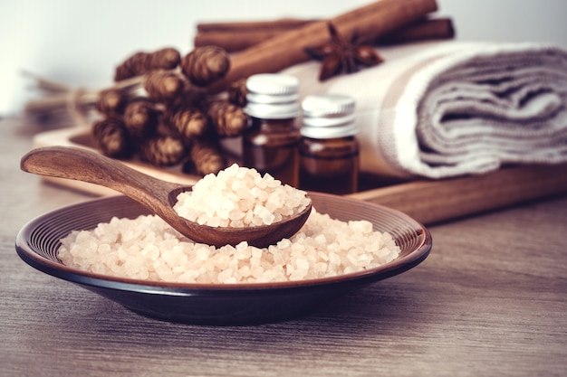 Close up brown organic Himalayan rock salt spa 