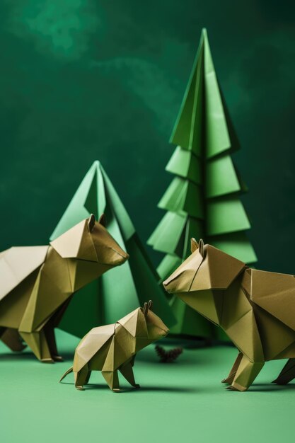 Close up of brown origami figures of bears created using generative ai technology