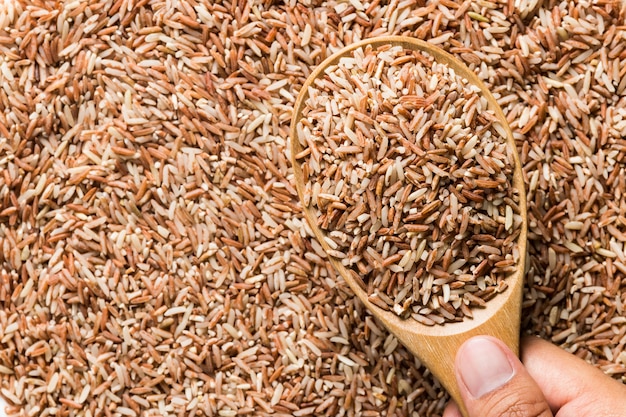 Close up brown rice in  wooden spoon