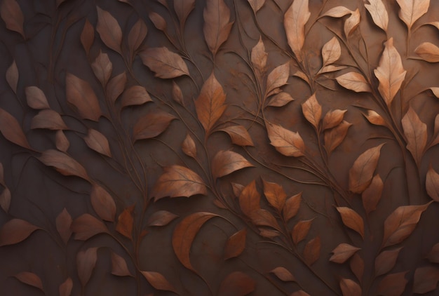 葉と葉のある茶色の壁の接写。