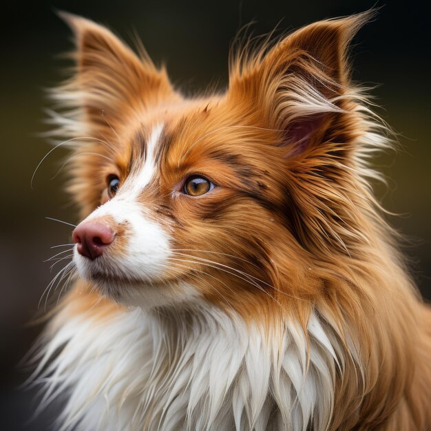 a close up of a brown and white dog