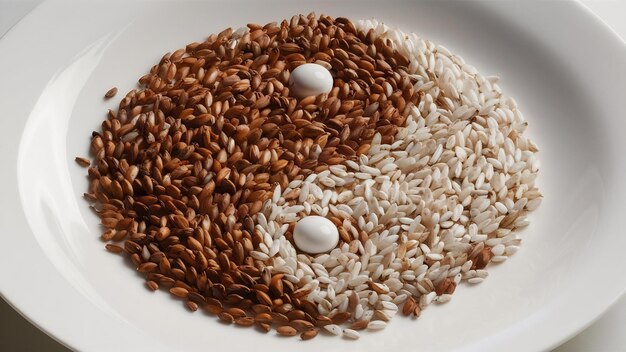 Photo close up of brown and white grains mixed in a white plate creating ying and yang