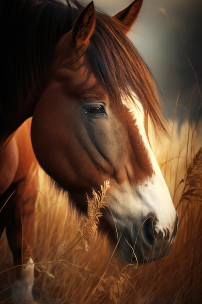 Close up of brown and white horse standing in field created using generative ai technology